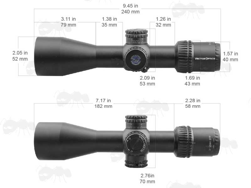 Two Vector Optics 3-12x44SFP Veyron Rifle Scopes With Dimensions
