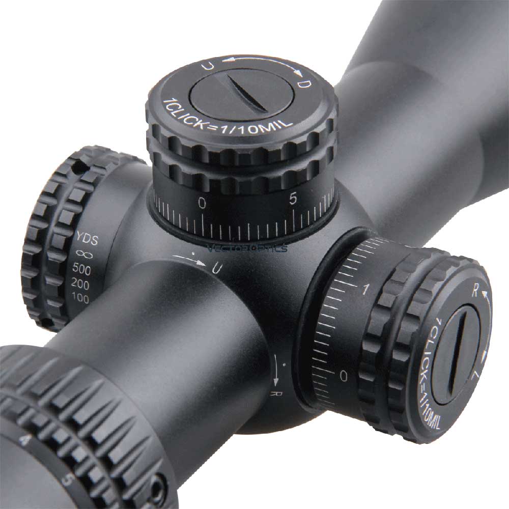 Close View of The Turrets on The Vector Optics 3-12x44SFP Veyron Rifle Scope