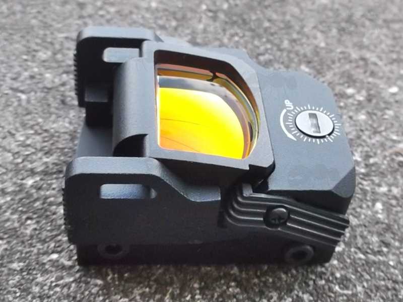 Folded Down View of The Black VISM Nano Reflex FlipDot Sight Fitted to the 20mm Wide Weaver / Picatinny Rail Base Mount