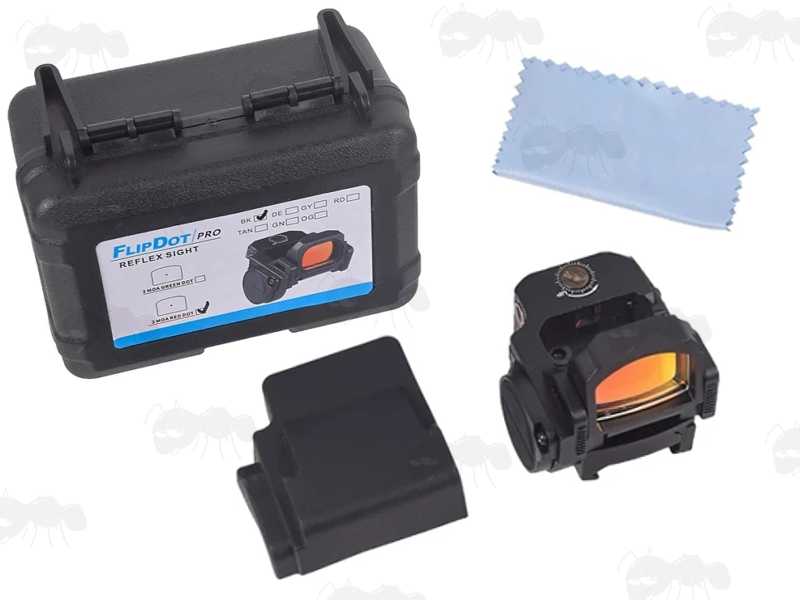 Black VISM Nano Reflex FlipDot Sight with Rubber Hood Cover, Cleaning Cloth and Hard Case