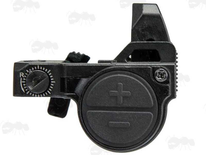Side Button View of The Black VISM Nano Reflex FlipDot Sight