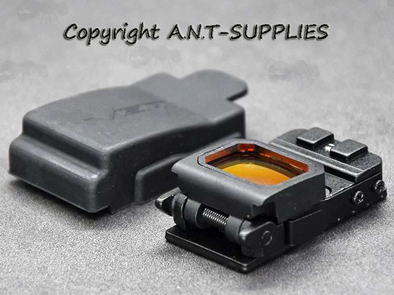 Black VISM Mini Reflex FlipDot Sight in Folded Down Position with Rubber Hood Cover