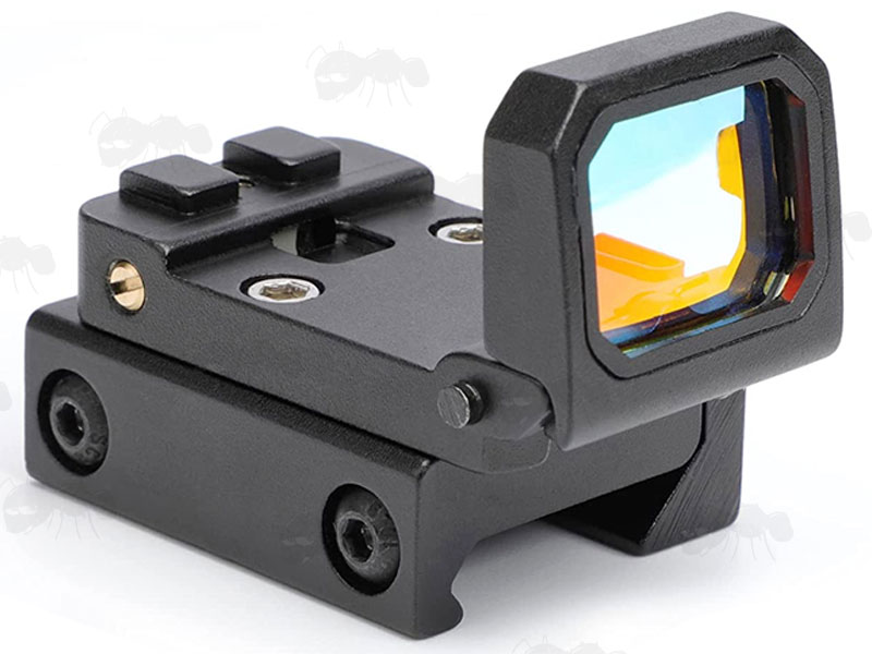 Black VISM Mini Reflex FlipDot Sight Fitted to the 20mm Wide Weaver / Picatinny Rail Base Mount