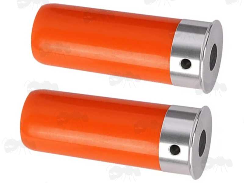 Pair of Bright Orange Plastic Snap Caps with Black Silicone Primers for 12g Shotguns