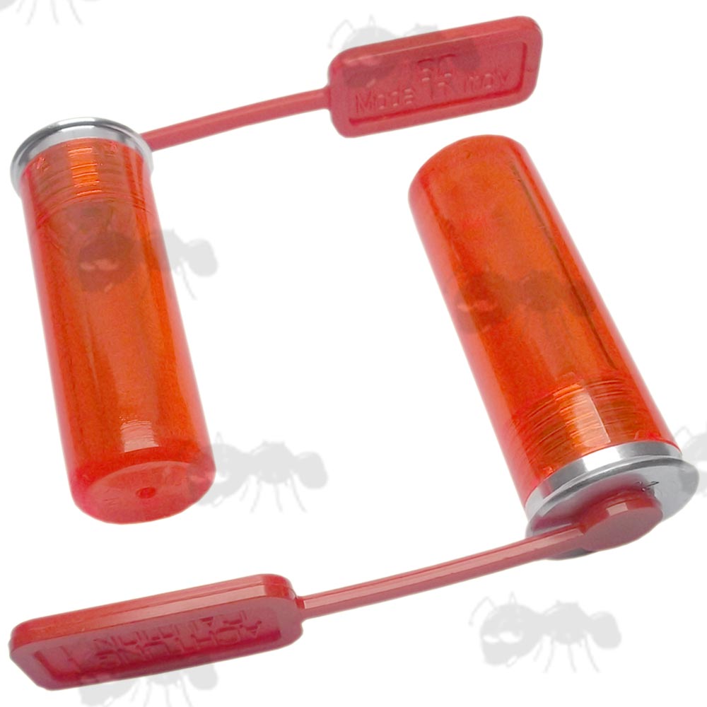 Pair of 20 Gauge Red Polymer Dummy Shotgun Cartridges with Safety Flags