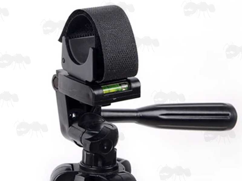 Large Plastic Torch Mount Camera Tripod Adapter with Velcro Strap, Shown Fitted to a Camera Tripod Head