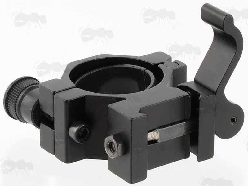Base Fitting View of The Quick-Release Lever Weaver / Picatinny Gun Rail Mount with Rotating 25mm Tube Ring for Adjusting the Elevation and Windage