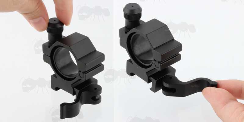 Quick-Release Features on The Weaver / Picatinny Gun Rail Mount with Rotating 25mm Tube Ring for Adjusting the Elevation and Windage