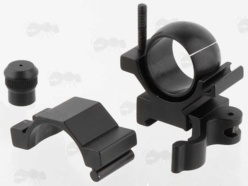 Quick-Release Lever Weaver / Picatinny Gun Rail Mount with Rotating 25mm Tube Ring for Adjusting the Elevation and Windage, Shown with Top Ring Removed