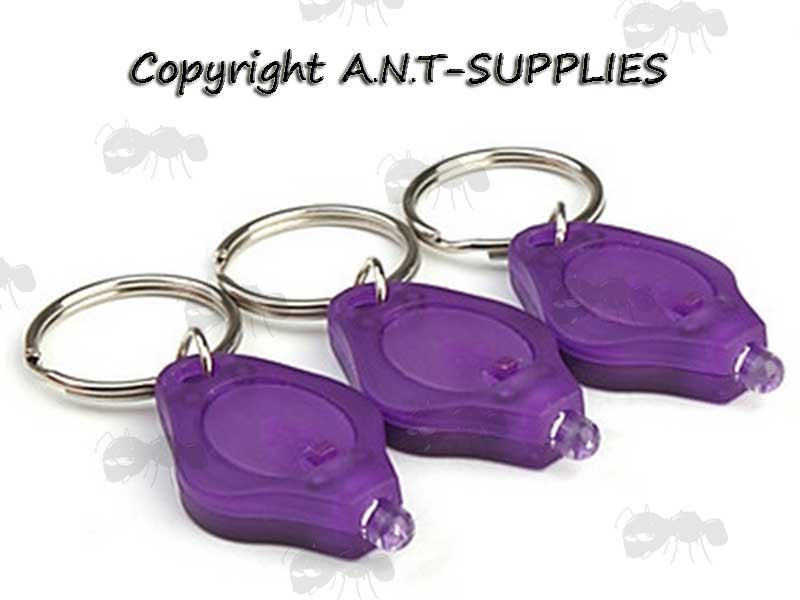 Three Purple Case Mini 395nm Ultra Violet Keychain Lights with Keyrings