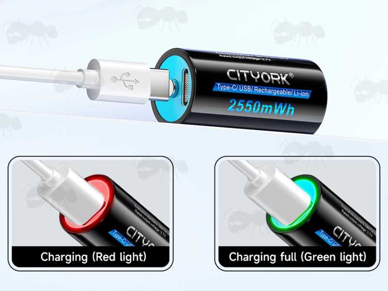 CITYORK 16340 Lithium-Ion Batteries with USB-C Charging Port Being Charged with Cable Fitted, Showing Red When Charging, Green When Fully Charged