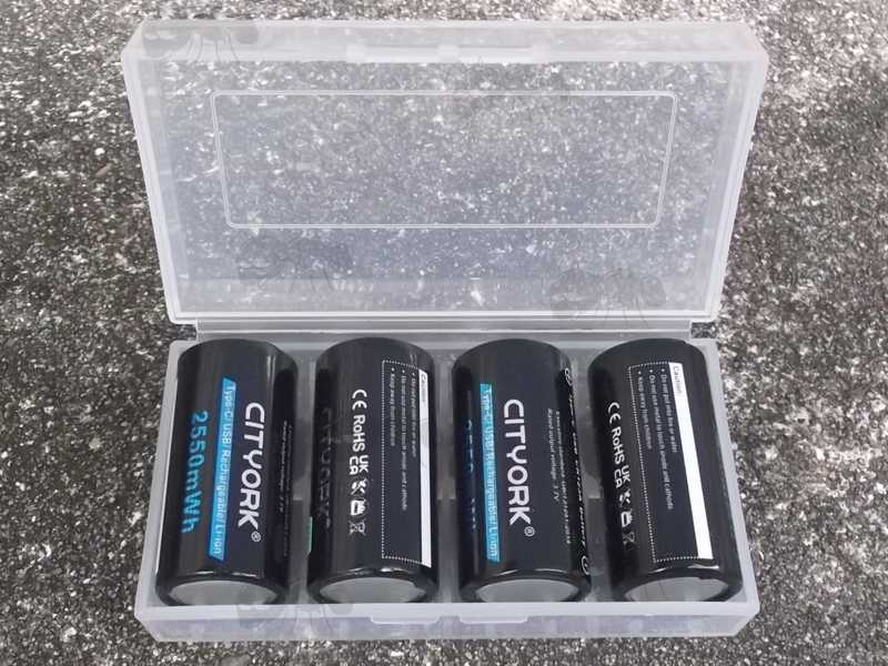 Four CITYORK 16340 Lithium-Ion Batteries in a Clear Plastic Storage Case