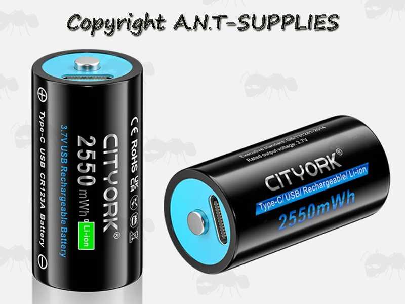 Two CITYORK 16340 Lithium-Ion Batteries with USB-C Charging Ports
