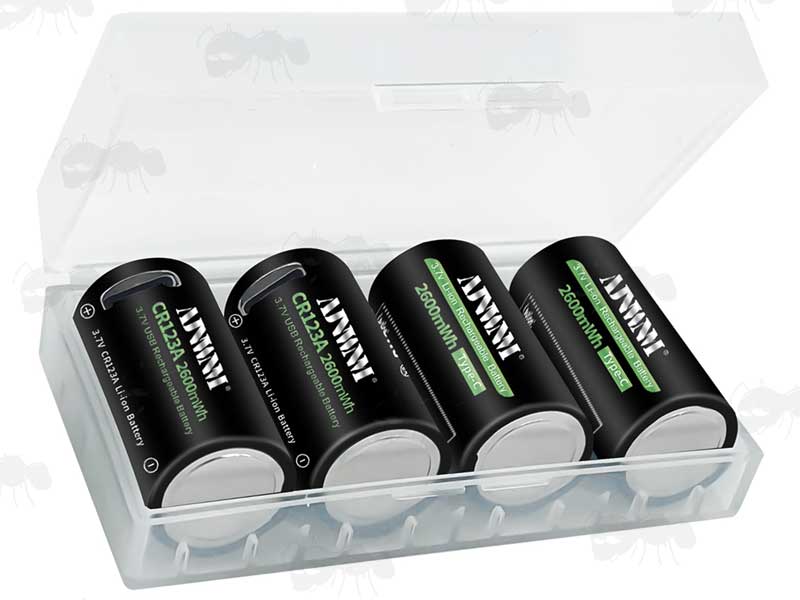 Four AJNWNM 16340 Lithium-Ion Batteries in a Hinged Lid Clear Plastic Storage Case