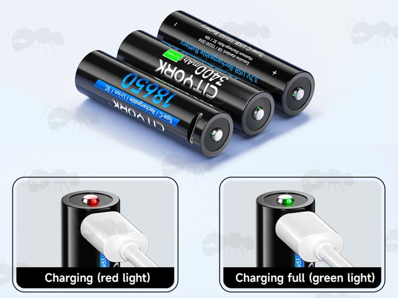 Three CITYORK 18650 Lithium-Ion Batteries with USB-C Charging Port and Charging and Charged Indicator Light View