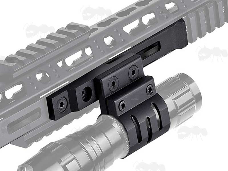 Tactical Torch / Laser Ring Mount With Adjustable Cantilever for M-Lok Rifle Rail Platforms Fitted To Handgaurd