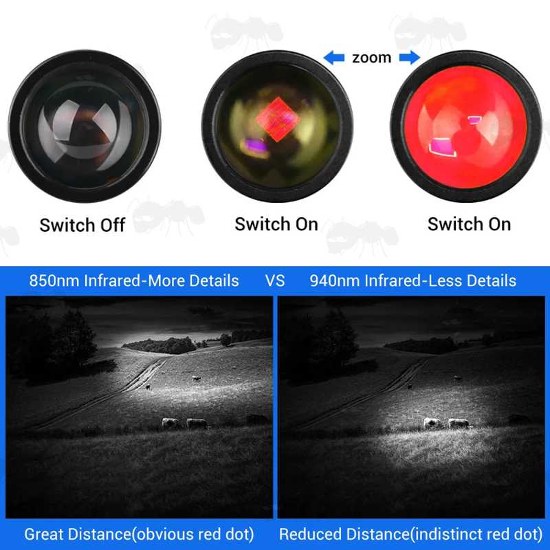 Images of The Emitter Glow on Both VCSEL and LED Emitters on The Slimline IR Torch Illuminator with Remote Pressure Pad Tailcap, and Images of The Range Capabilities