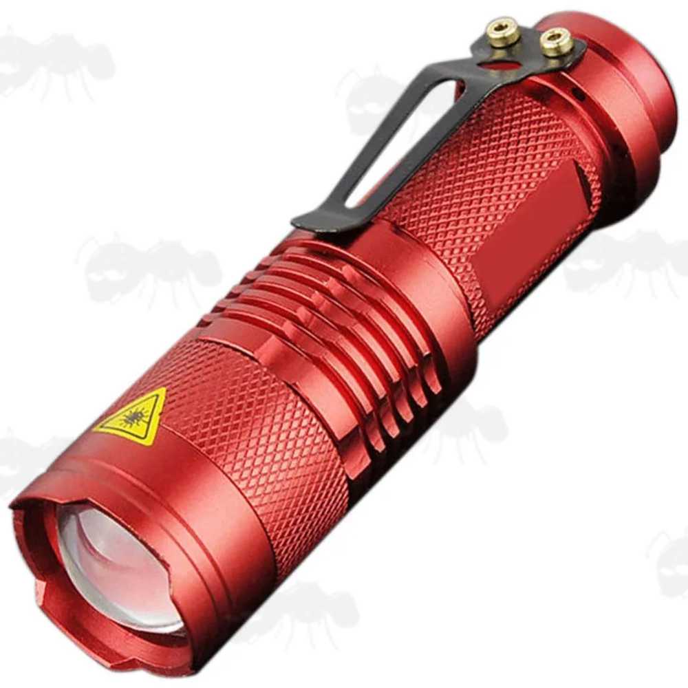 All Red Anodised Metal LED Torch Powered by AA Alkaline or 14500 Lithium-Ion Battery, with Adjustable Zoom, Belt Clip and Orange Tailcap Power Button