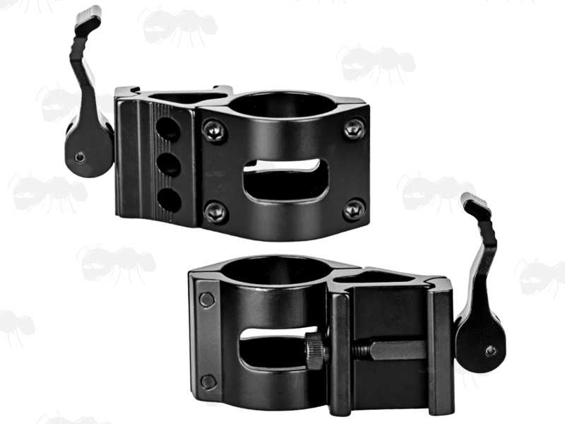 Top and Base View of The Black, 25mm Offset Weapon Light Mount for 20mm Weaver / Picatinny Rails Fitted to Rifle