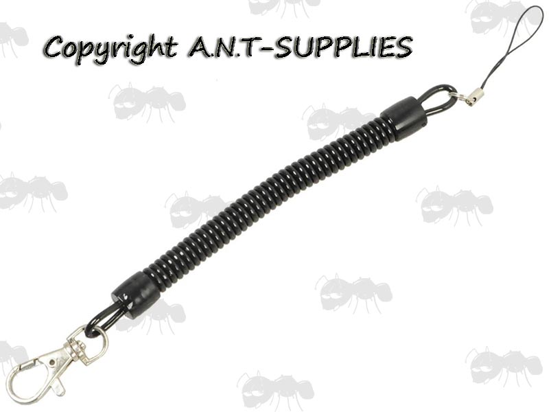 Long, Black Coiled Cable Torch Lanyard with Plastic Coating and Metal Swivel Clip