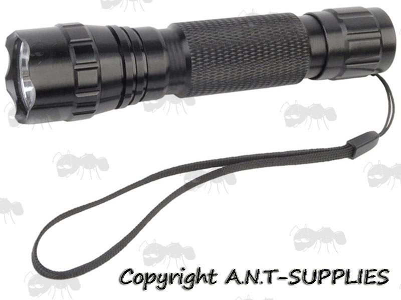Small, Black Cord Torch Lanyard with Plastic Buckle, Fitted to Black Flashlight