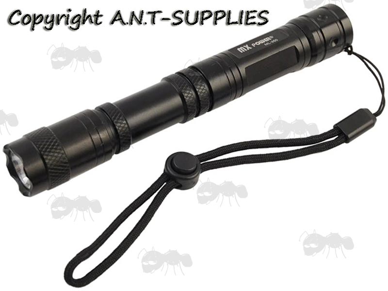 Medium Length, Black Cord Torch Lanyard with Plastic Buckle and Toggle, Shown Fitted to a Flashlight