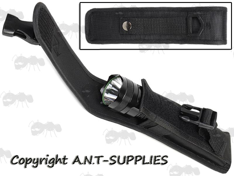 Large, Long Length Black Nylon Torch Pouch with Plastic Side Release Quick-Release Flap Fastener Clip