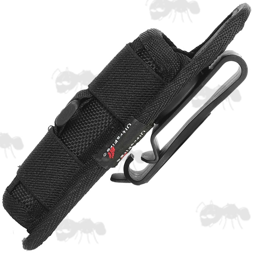 Black Nylon Torch Pouch with Open Ends and Large Rotating Plastic Clip
