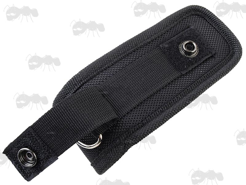 Back View of The Rigid Black Nylon Torch Pouch with Press Stud Flap and MOLLE Fitting Strap with Metal D-Ring