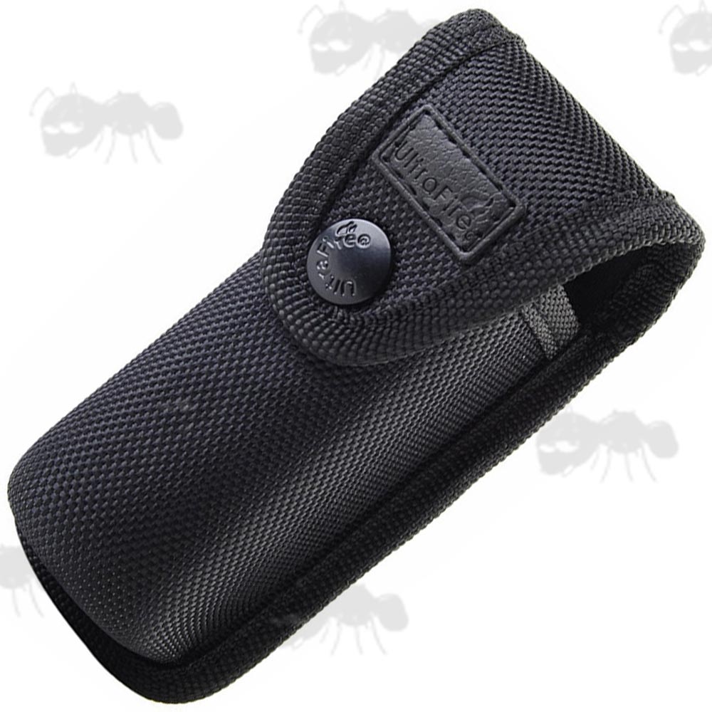 Rigid Black Nylon Torch Pouch with Press Stud Flap and MOLLE Fitting Strap with Metal D-Ring
