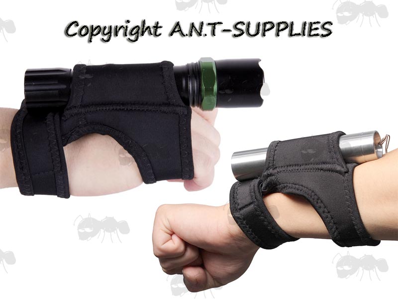 Divers' Wrist or Arm Fitting Torch Holder with Torch Fitted, Shown Worn on Wrist and on Arm