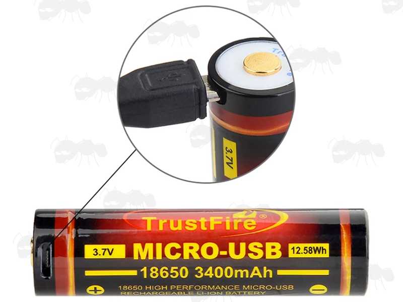 TrustFire 18650 Lithium-Ion Battery with Close-Up View of The Micro USB Charging Port