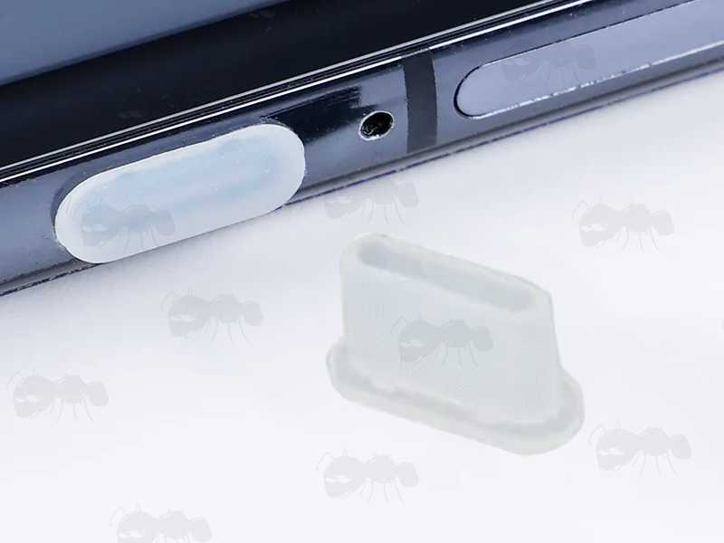 Transparent Silicone USB-C Port Cover Shown Fitted to Smart Phone